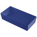 A Tablecraft blue speckled rectangular cast aluminum bowl in a white background.