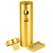A gold wall mounted cigarette and ash receptacle with a metal lid.