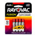 A yellow and blue Rayovac Fusion AAA Batteries package with 4 batteries inside.