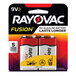 A red and white Rayovac Fusion package containing 2 Rayovac Fusion 9V batteries.