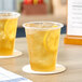 Two Choice translucent plastic cups of iced tea with lemon slices and ice.