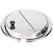 A stainless steel APW Wyott notched lid with a black handle.