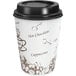 A white paper coffee cup with a brown bean print and a black lid with a black rim.