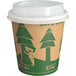 An EcoChoice paper hot cup with a tree print and a lid.