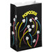 A black Bagcraft Packaging popcorn bag with colorful streamers on it.