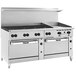 A large stainless steel Vulcan 8-burner gas range with a griddle, oven, and refrigerated base.