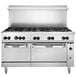 A large stainless steel Vulcan 60" gas range with 10 burners.
