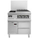 A white stainless steel Vulcan commercial gas range with two open burners and a door open.