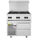 A large stainless steel Vulcan liquid propane range with six burners and refrigerated base.