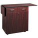 A mahogany Safco hospitality service cart on a professional kitchen counter with two doors open.