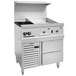 A stainless steel Vulcan commercial gas range with open doors and drawers.