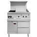 A white Vulcan commercial range with 2 burners, griddle, and refrigerated base.