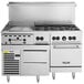 A stainless steel Vulcan commercial gas range with 6 burners, a thermostatic griddle, and a refrigerated base.