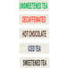 A group of labels with different flavors of tea for a Bloomfield 3 gallon iced tea dispenser.