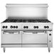 A Vulcan stainless steel 60" gas range with 10 burners and a refrigerated base.