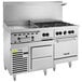A large stainless steel Vulcan commercial range with 6 burners and a griddle.