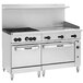 A Vulcan commercial gas range with 4 burners, griddle, and refrigerated base.