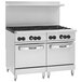 A large stainless steel Vulcan liquid propane range with a refrigerated base.