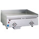 A Vulcan stainless steel commercial griddle with two atmospheric burners.