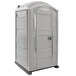 A PolyJohn light gray portable toilet with a door.