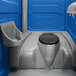 A blue PolyJohn portable restroom with a sink, soap, and towel dispenser.