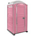 A pink PolyJohn portable toilet with a white roof and silver door.