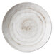 A taupe melamine plate with a spiral design on it.