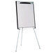 A white board with a MasterVision black and silver frame on a stand.