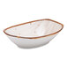 A white china deep bowl with a brown speckled rim.