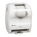 A white San Jamar Hybrid Summit hands free paper towel dispenser with clear accents.