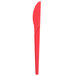 A red Plantware compostable plastic knife with a white background.