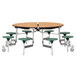 A National Public Seating round cafeteria table with green stools on metal legs.
