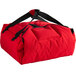 A red Cambro insulated delivery bag with black straps and handles.