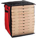 A large red and black Cambro Insulated Pizza Delivery GoBag with a stack of pizza boxes inside.