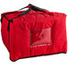A close-up of a red Cambro insulated pizza delivery bag with black straps and a black zipper.