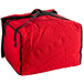 A red Cambro insulated pizza delivery bag with black straps and a zipper.