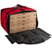 A red Cambro pizza delivery bag holding three pizza boxes.