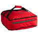 A red Cambro insulated delivery bag with black straps and a zipper.