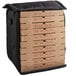 A large black Cambro insulated delivery bag with a stack of pizza boxes inside.