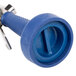 A T&S pre-rinse faucet with a blue rubber handle and blue plastic hose nozzle.