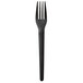 A black plastic fork with a black handle.