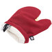 A red San Jamar Cool Touch Flame oven mitt with a white logo on the handle.