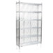 A white metal wire shelving unit for bulk wine storage with four shelves.
