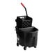 A black Rubbermaid mop bucket with a red and black handle.