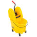 A yellow Rubbermaid mop bucket with a handle and a red wringer.
