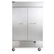 A silver stainless steel Beverage-Air reach-in refrigerator with double doors and silver handles.