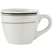 A white espresso cup with green stripes and a white handle.