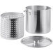 A silver aluminum stock pot with a lid and strainer basket.