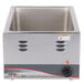 A stainless steel APW Wyott countertop food warmer with a black knob.