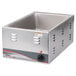 A stainless steel APW Wyott countertop food warmer with a lid over a square container.